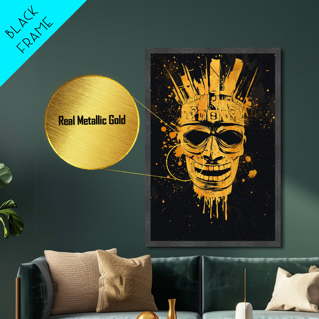 Ancient Warrior Mask Metallic Gold Metal Print, Tribal Armor Inspired Face Art, Bold Splatter Wall Decor, Real Wood Frame