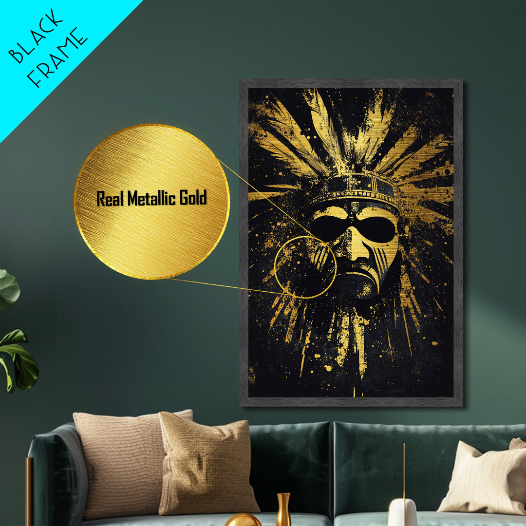 Aztec Sun Mask Metallic Gold Metal Print, Tribal Inspired Ancient Face Art, Splatter Style Wall Decor, Real Wood Frame