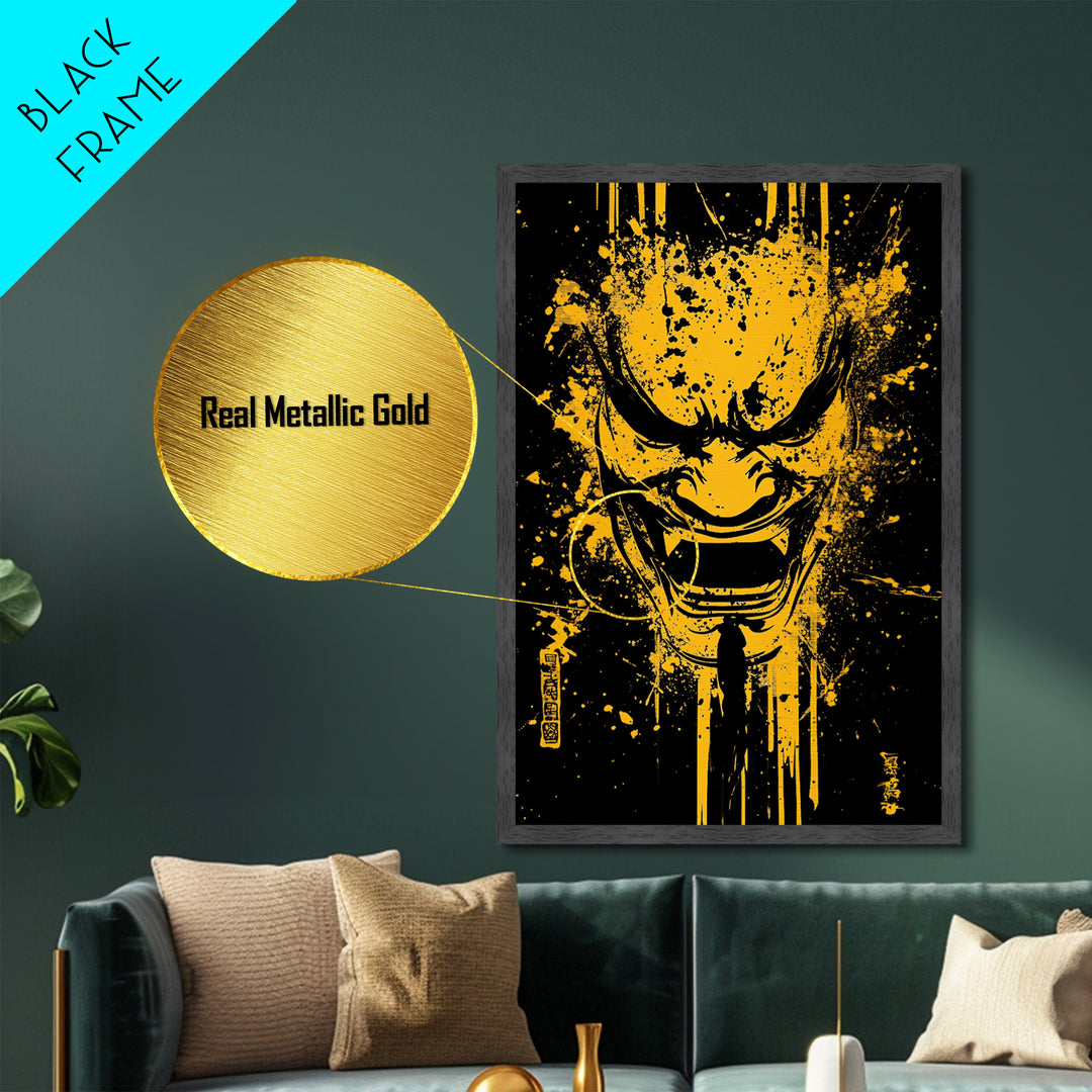 Mythic Dragon Mask Metallic Gold Metal Print, Asian Inspired Splatter Style Art, Fierce Wall Decoration, Real Wood Frame