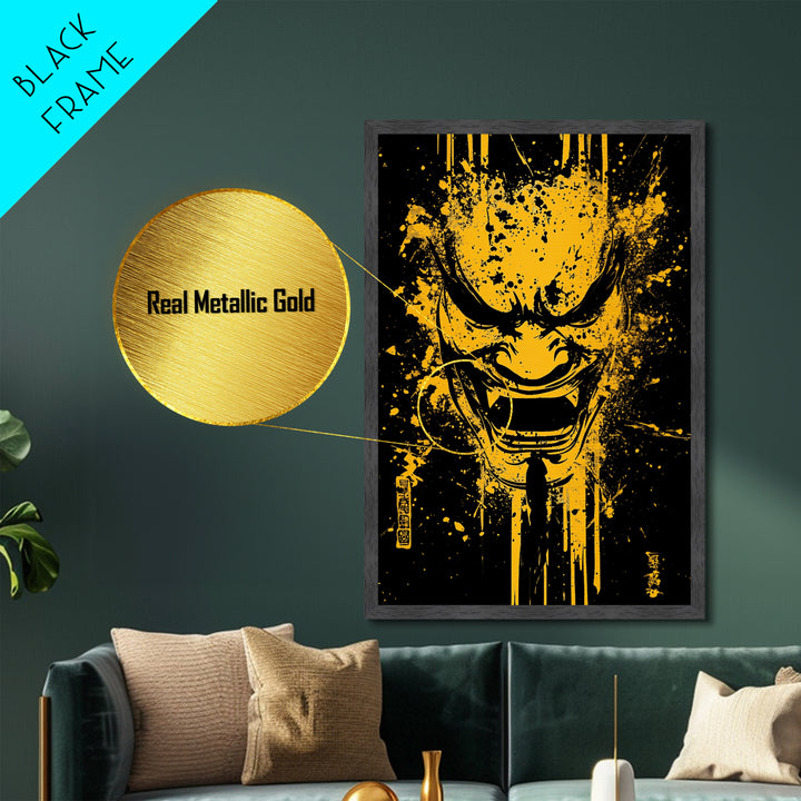 Mythic Dragon Mask Metallic Gold Metal Print, Asian Inspired Splatter Style Art, Fierce Wall Decoration, Real Wood Frame