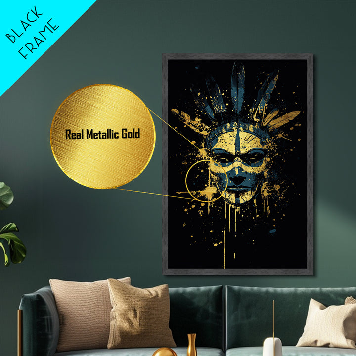 Tribal Feather Mask Metallic Gold Metal Print, Abstract Splatter Mask Wall Art, Real Wood Frame, Modern Ethnic Home Decor