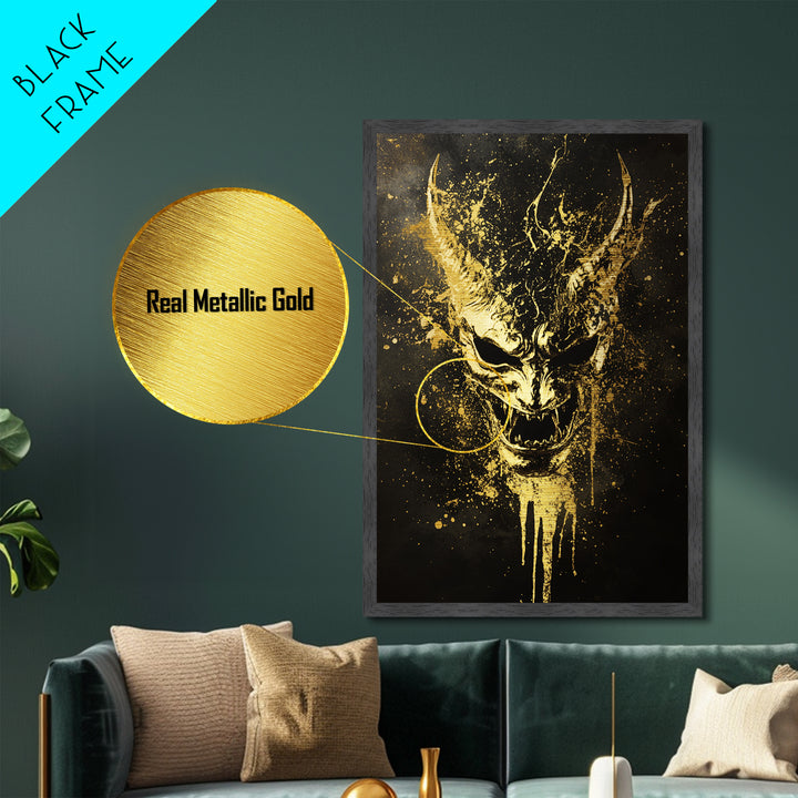 Oni Demon Mask Metallic Gold Metal Print, Japanese Mythology Wall Art, Real Wood Frame, Bold Samurai Mask Artwork
