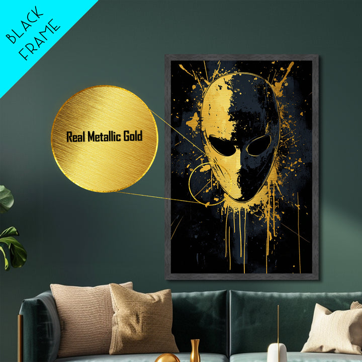 Minimalist Mask Metallic Gold Metal Print, Abstract Splatter Face Wall Art, Real Wood Frame, Contemporary Mask Decor
