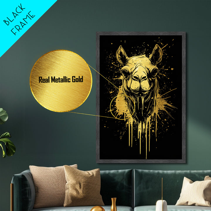 Camel Portrait Metallic Gold Metal Print, Animal Splatter Wall Art, Real Wood Frame, Modern Wildlife Artwork For Home
