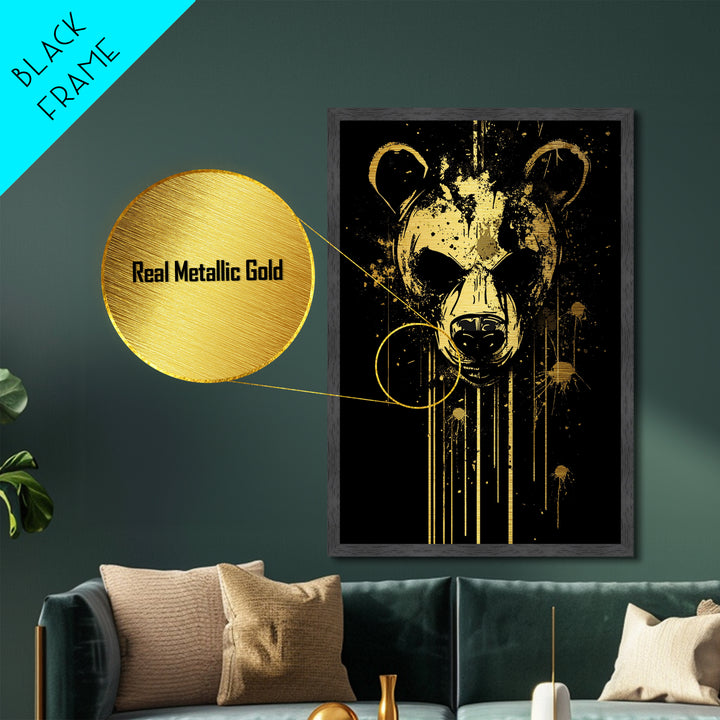 Bear Face Metallic Gold Metal Print, Animal Splatter Wall Art, Real Wood Frame, Fierce Wildlife Artwork For Modern Decor