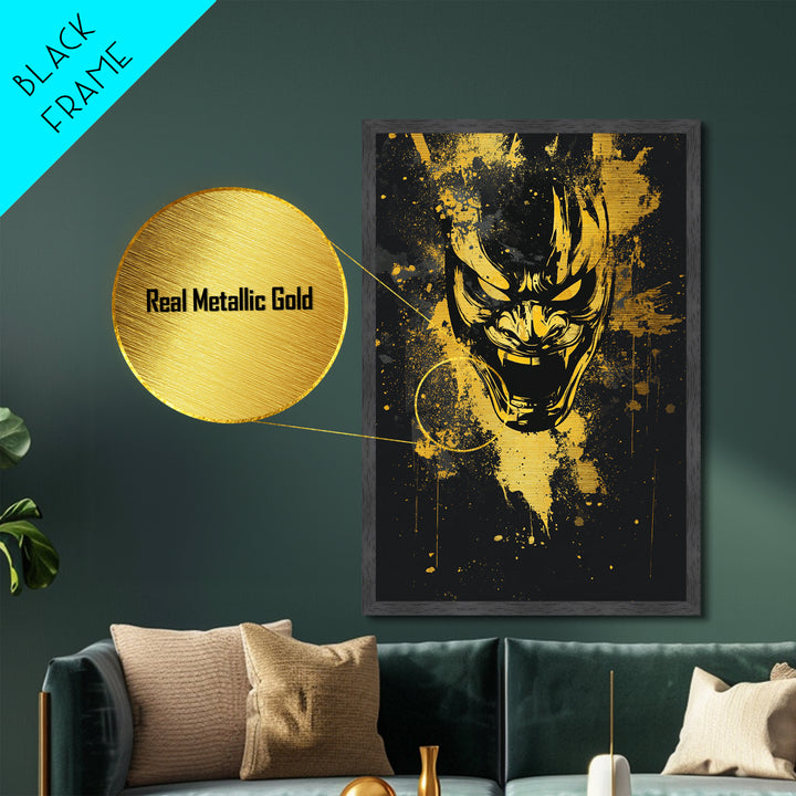 Samurai Mask Metallic Gold Metal Print, Japanese Warrior Wall Art, Real Wood Frame, Bold Splatter Mask Artwork For Home