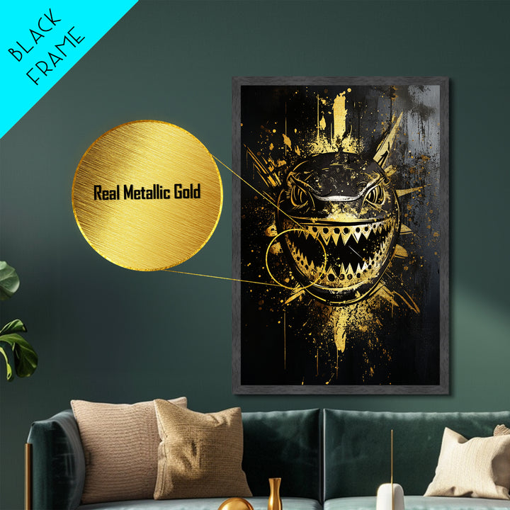 Shark Splatter Metallic Gold Metal Print, Abstract Ocean Predator Wall Art, Real Wood Frame, Bold Modern Sea Life Artwork