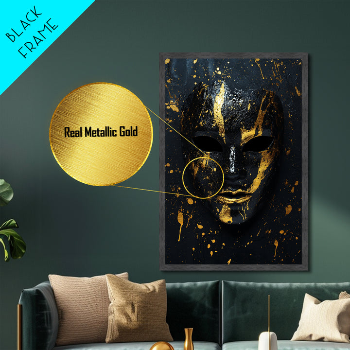 Abstract Mask Metallic Gold Metal Print, Contemporary Splatter Face Wall Art, Real Wood Frame, Modern Tribal Mask Decor