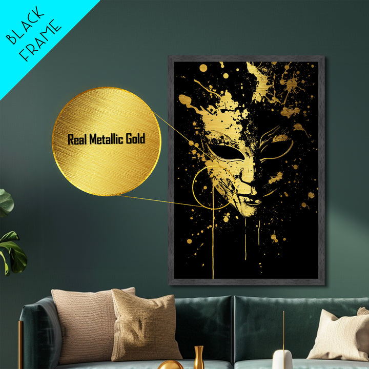 Mysterious Mask Metallic Gold Metal Print, Abstract Splatter Face Wall Art, Real Wood Frame, Dark Modern Mask Artwork
