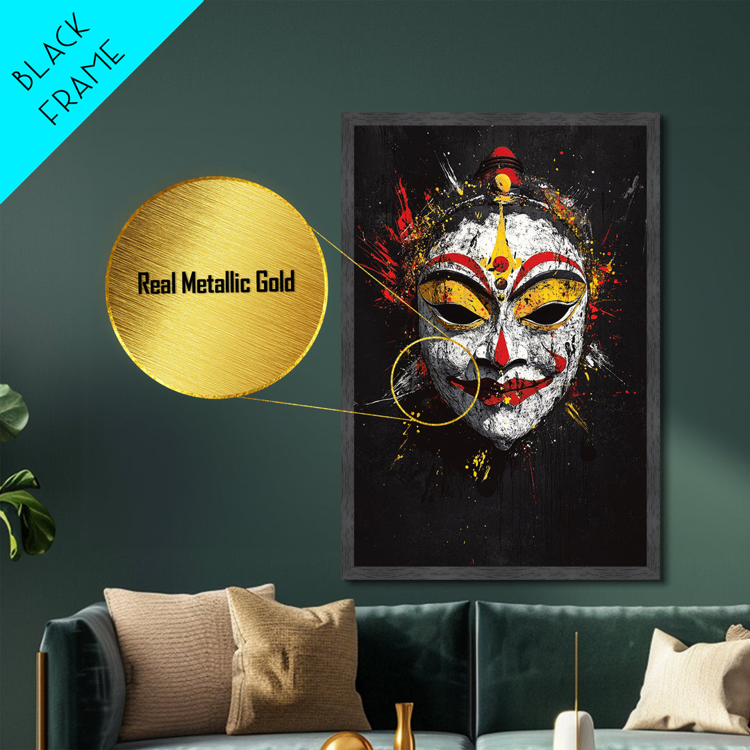 Tribal Feather Mask Metallic Gold Metal Print, Splatter Art Decor, Ethnic Wall Art, Real Wood Frame, Cultural Modern Artwork