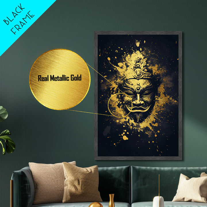 Ancient Mask Metallic Gold Metal Print, Mystical Splatter Wall Art, Real Wood Frame, Bold Spiritual Mask Artwork For Home