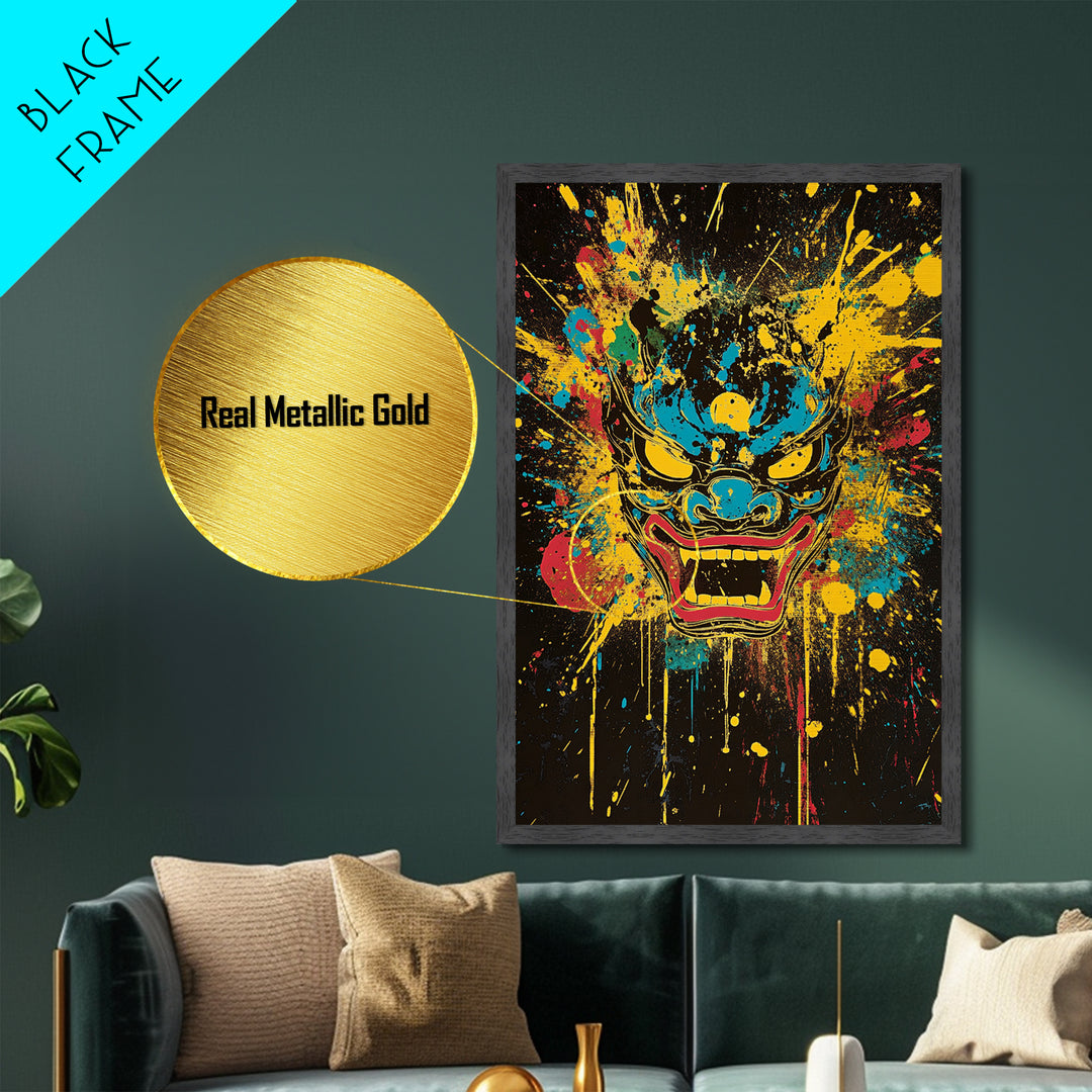 Demonic Horn Mask Metallic Gold Metal Print, Gothic Wall Art, Dark Splatter Painting, Real Wood Frame, Bold Statement Decor