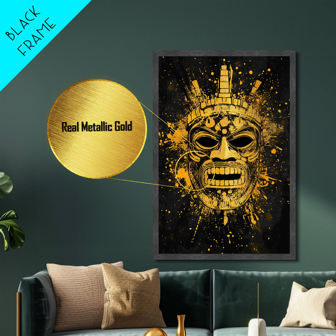 Abstract Alien Mask Metallic Gold Metal Print, Futuristic Splatter Art, Minimalist Wall Art, Real Wood Frame, Modern Home Decor