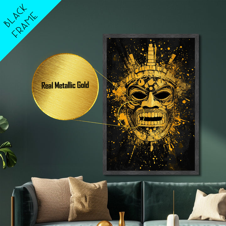 Abstract Alien Mask Metallic Gold Metal Print, Futuristic Splatter Art, Minimalist Wall Art, Real Wood Frame, Modern Home Decor