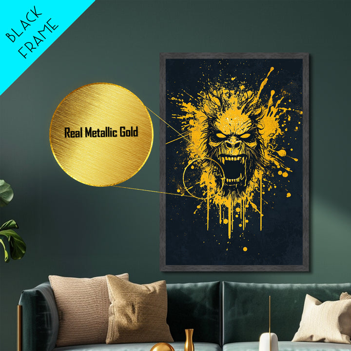 Bear Face Metallic Gold Metal Print, Animal Splatter Art, Fierce Wildlife Wall Decor, Real Wood Frame, Modern Bold Statement Art