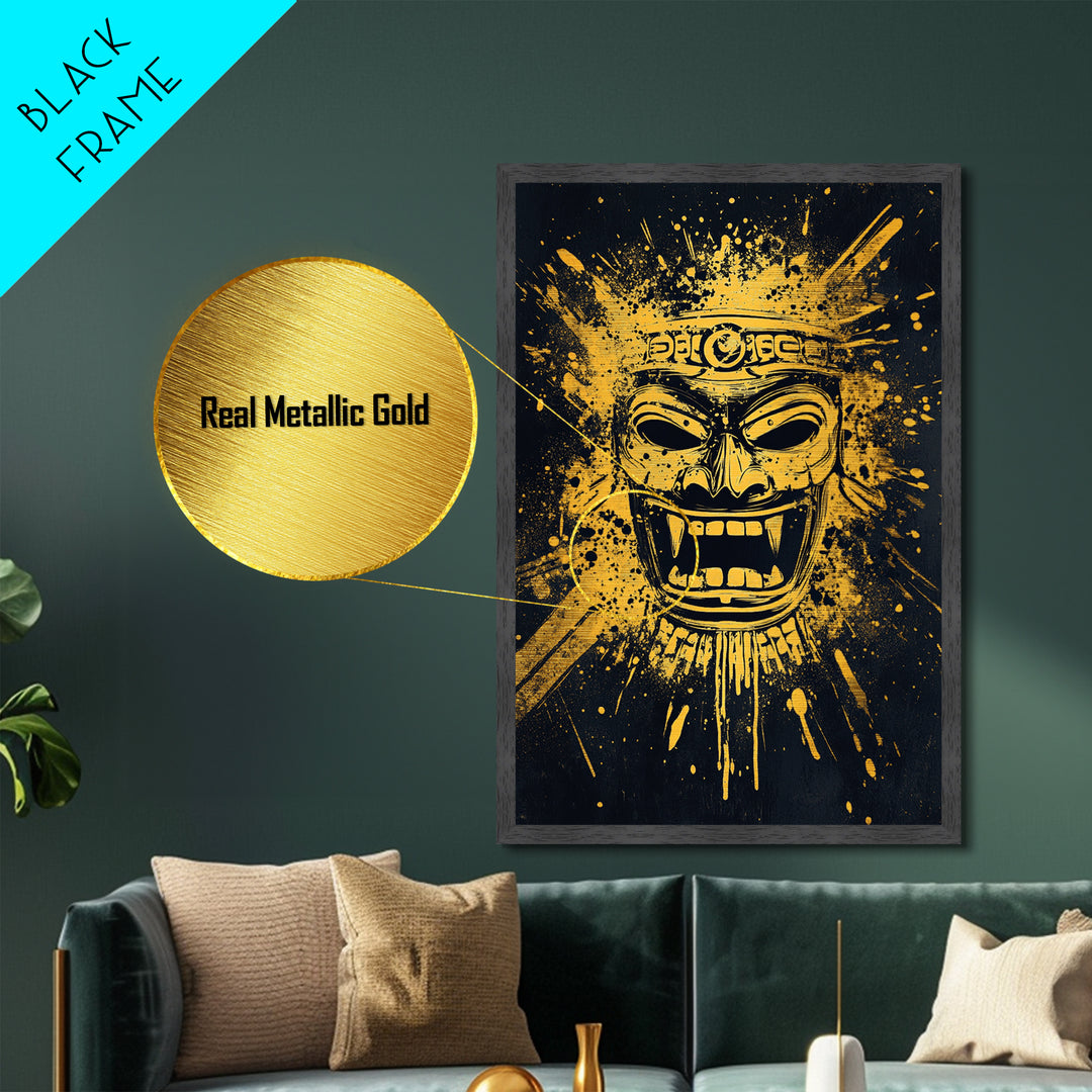 Shark Head Metallic Gold Metal Print, Splatter Ocean Art, Fierce Predator Wall Decor, Real Wood Frame, Modern Marine Artwork