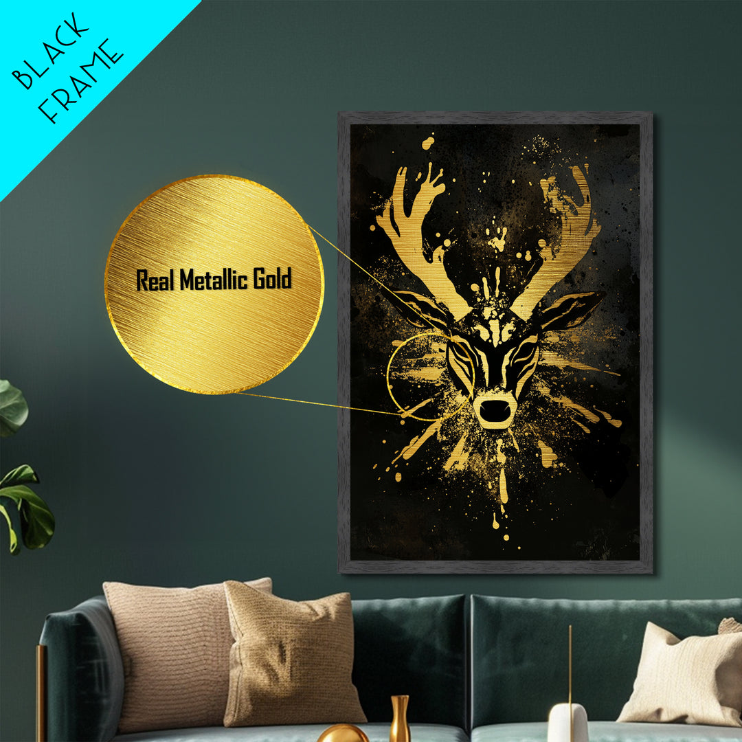 Textured Tribal Mask Metallic Gold Metal Print, Splatter Art Design, Abstract Cultural Wall Art, Real Wood Frame, Bold Decor Piece