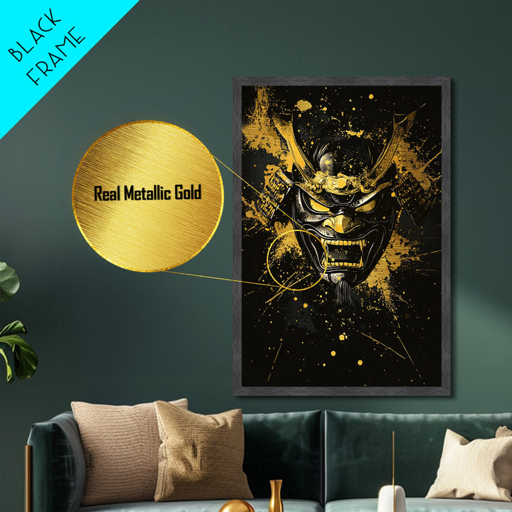Vampire Mask Metallic Gold Metal Print, Gothic Splatter Wall Art, Horror Decor, Real Wood Frame, Dark Artistic Statement Artwork