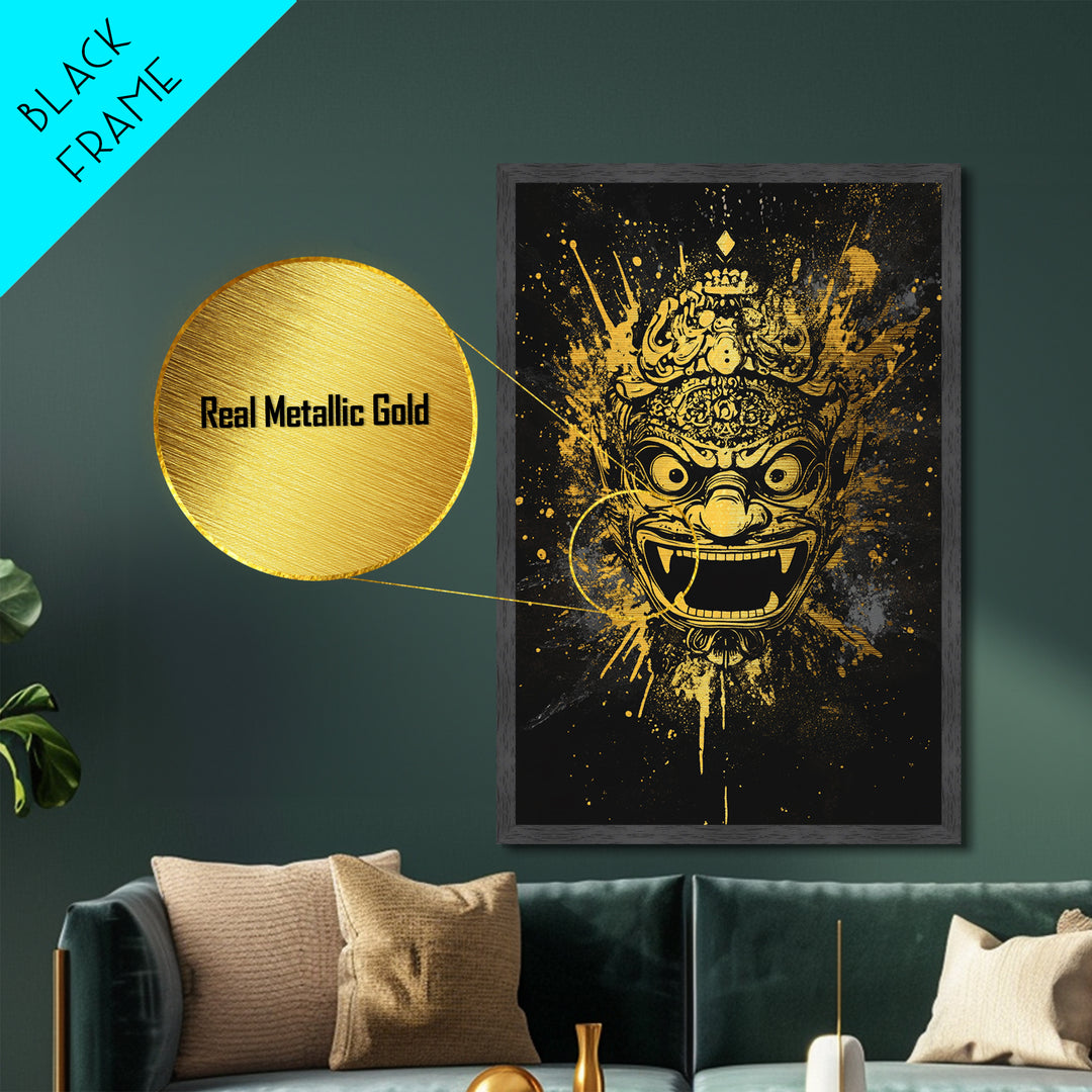 Balinese Barong Mask Metallic Gold Metal Print, Tribal Wall Art, Mythical Creature Artwork, Real Wood Frame, Unique Home Decor