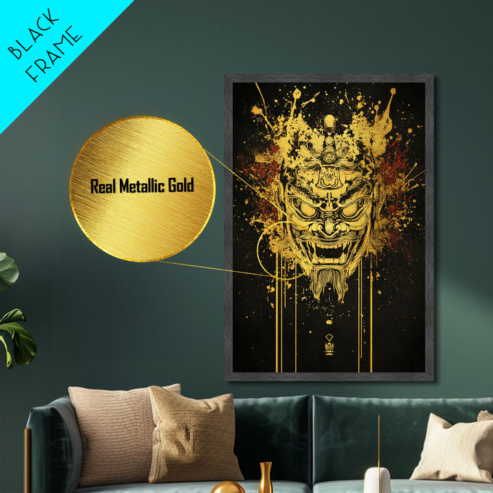 Tibetan Demon Mask Metallic Gold Metal Print, Spiritual Wall Art, Fierce Mythical Face Art, Real Wood Frame, Bold Statement Decor