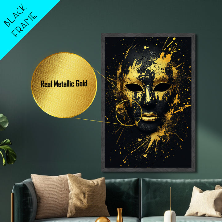 Venetian Mask Metallic Gold Metal Print, Elegant Wall Art, Luxury Mask Artwork, Real Wood Frame, Dramatic Splatter Effect Home Decor