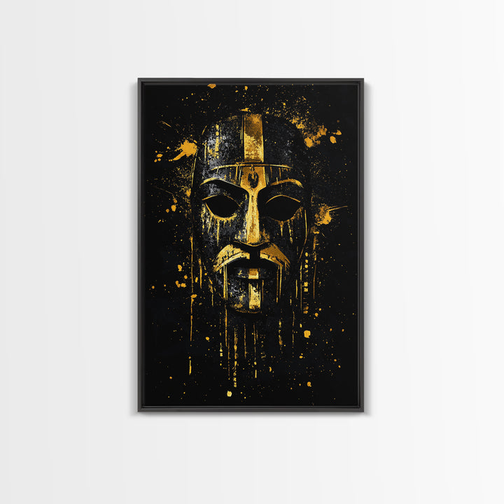 Medieval Mask Gold Canvas Print, Warrior Face Wall Art, Historic Armor Artwork, Real Wood Frame, Bold Statement Home Decor