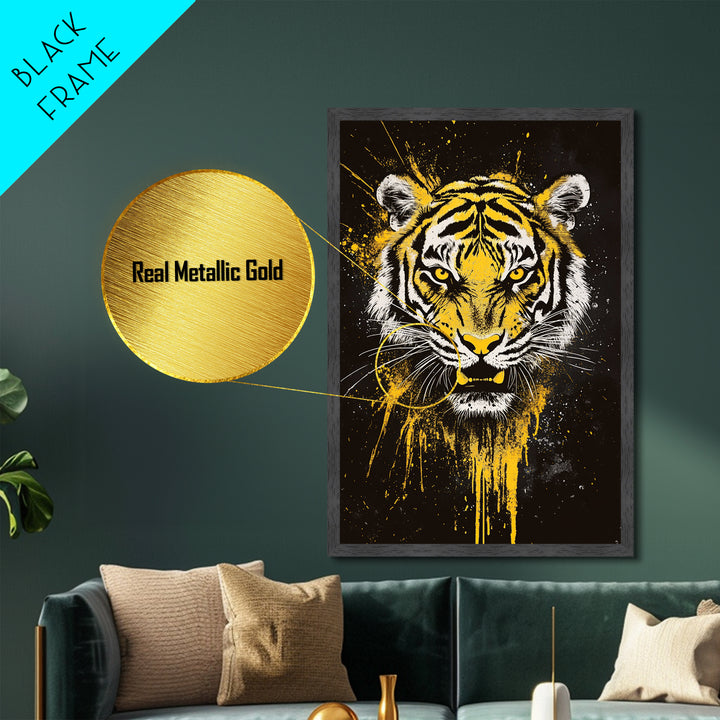 Tiger Face Metallic Gold Metal Print, Wildlife Wall Art, Jungle Animal Artwork, Real Wood Frame, Fierce Predator Home Accent