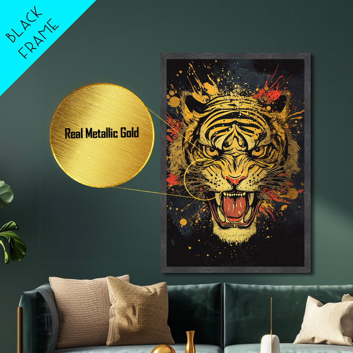 Roaring Tiger Metallic Gold Metal Print, Wildlife Wall Art, Bold Jungle Cat Artwork, Real Wood Frame, Intense Animal Decor For Home