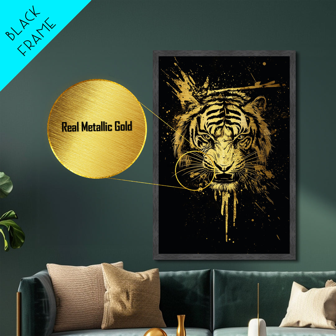 Tiger Head Metallic Gold Metal Print, Fierce Jungle Cat Wall Art, Animal Spirit Artwork, Real Wood Frame, Powerful Wildlife Home Decor
