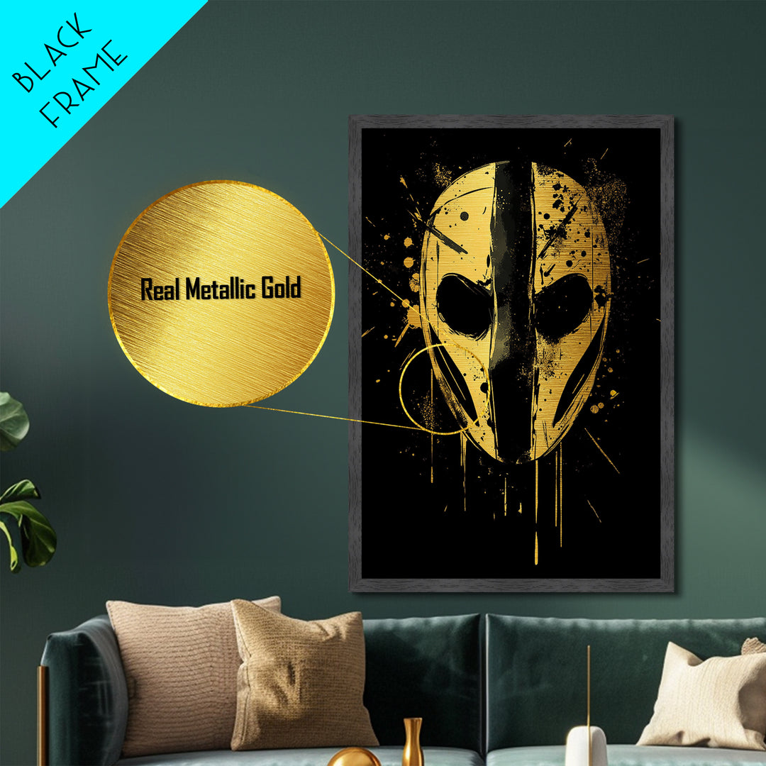 Abstract Mask Metallic Gold Metal Print, Tribal Wall Art, Mysterious Face Artwork, Real Wood Frame, Bold Splatter Paint Effect Decor