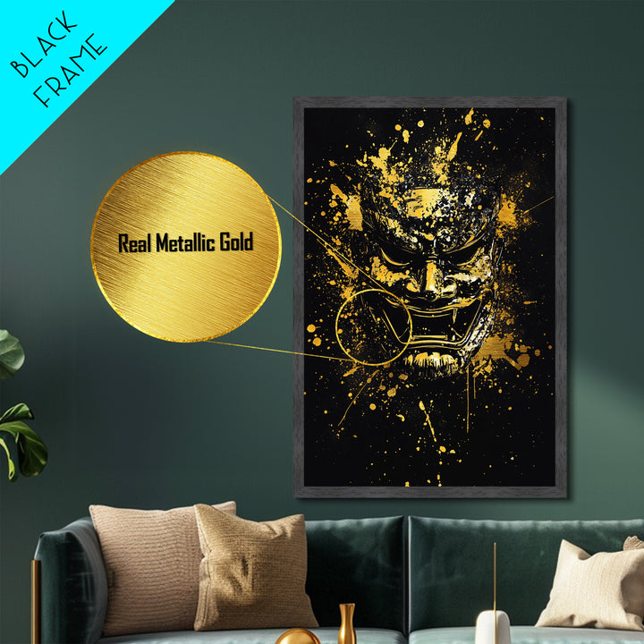 Samurai Mask Metallic Gold Metal Print, Japanese Warrior Art, Splatter Style Wall Decor, Fierce Samurai Artwork, Real Wood Framed
