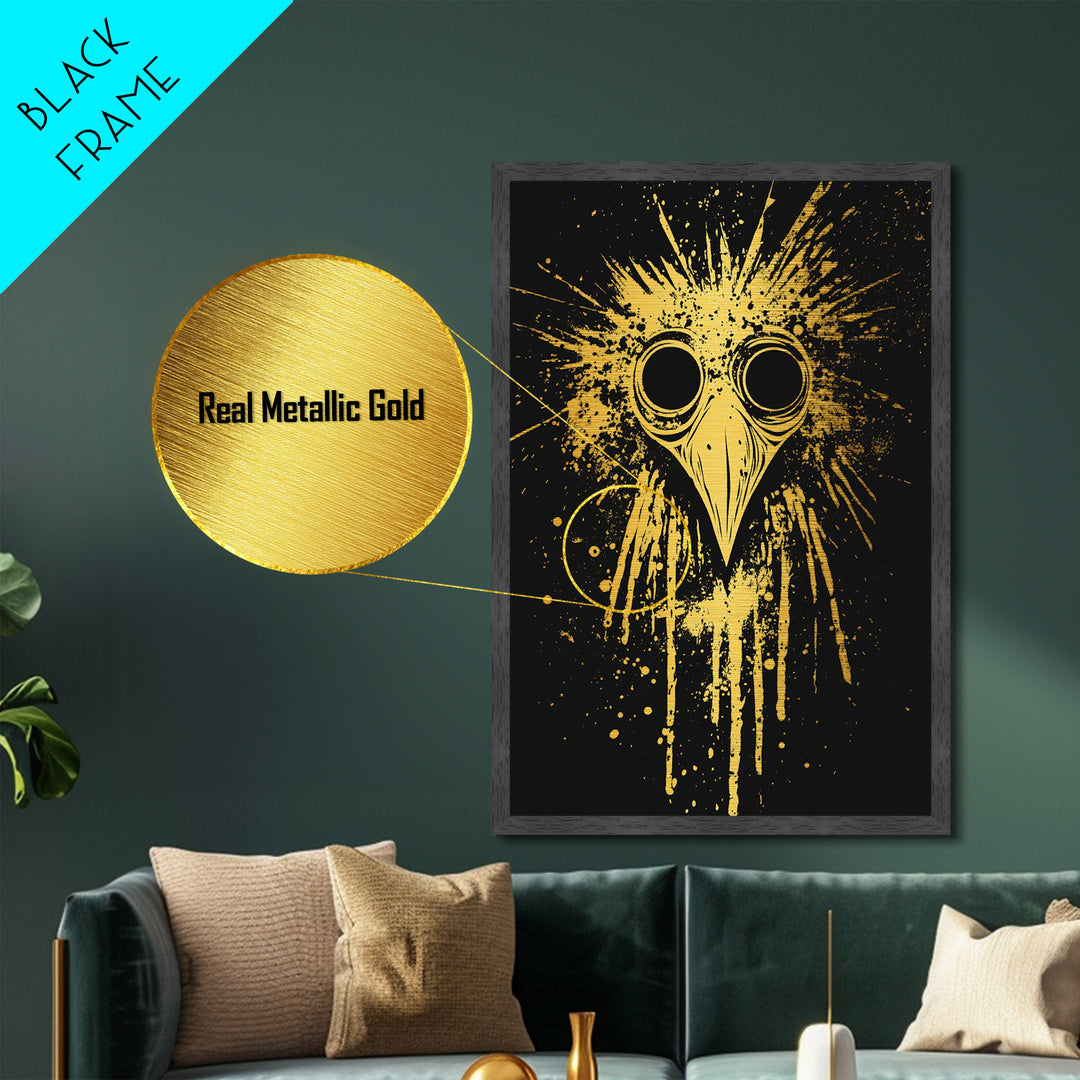 Plague Doctor Mask Metallic Gold Metal Print, Gothic Splatter Art, Dark Fantasy Wall Decor, Unique Gothic Artwork, Real Wood Framed