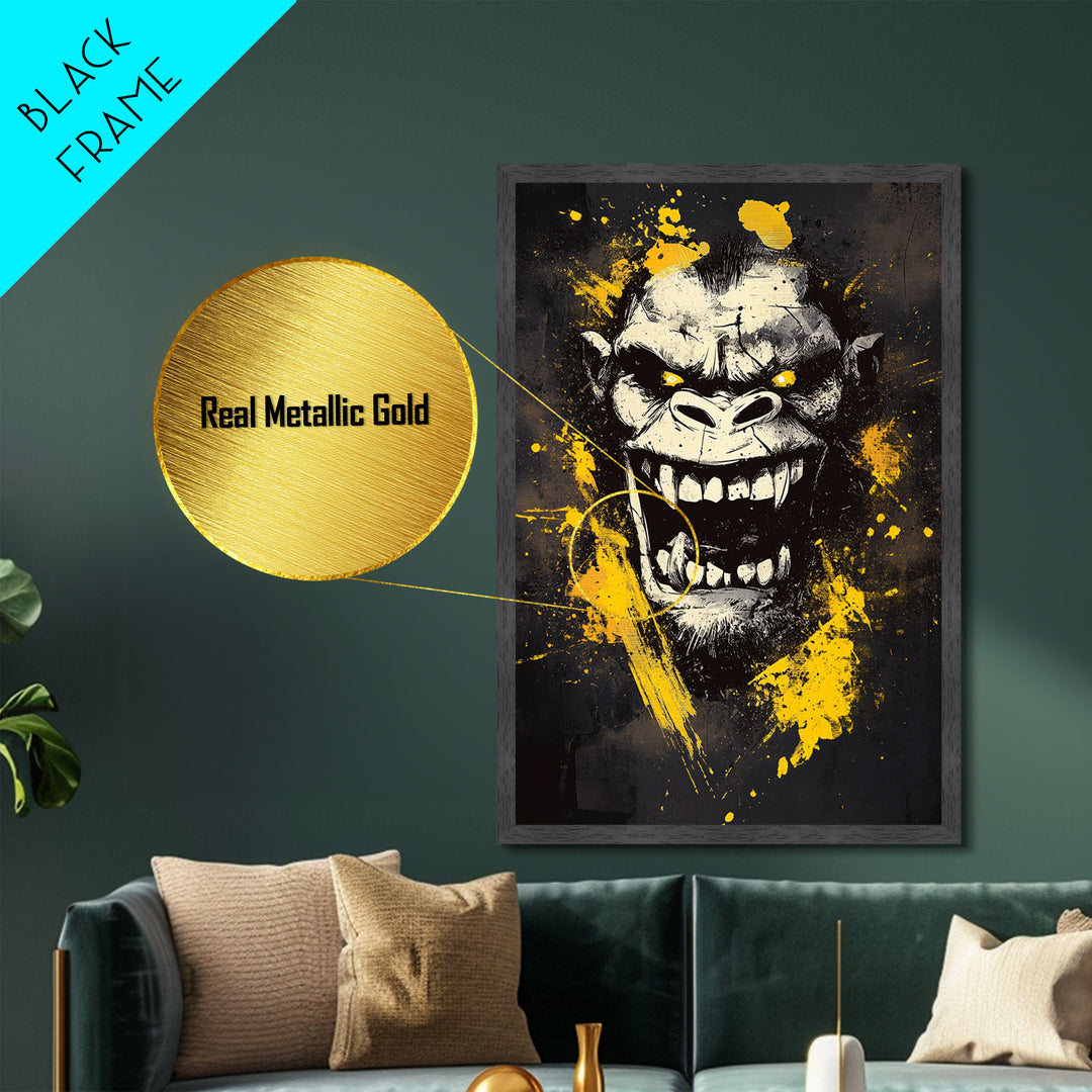 Gorilla Face Metallic Gold Metal Print, Wild Splatter Art, Bold Jungle Wall Decor, Fierce Animal Artwork, Real Wood Framed