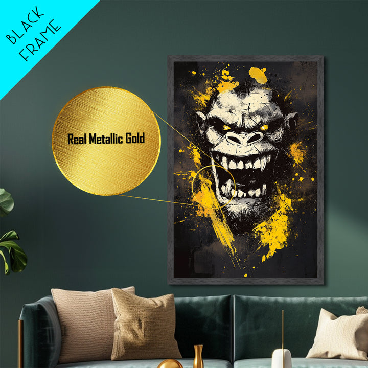 Gorilla Face Metallic Gold Metal Print, Wild Splatter Art, Bold Jungle Wall Decor, Fierce Animal Artwork, Real Wood Framed