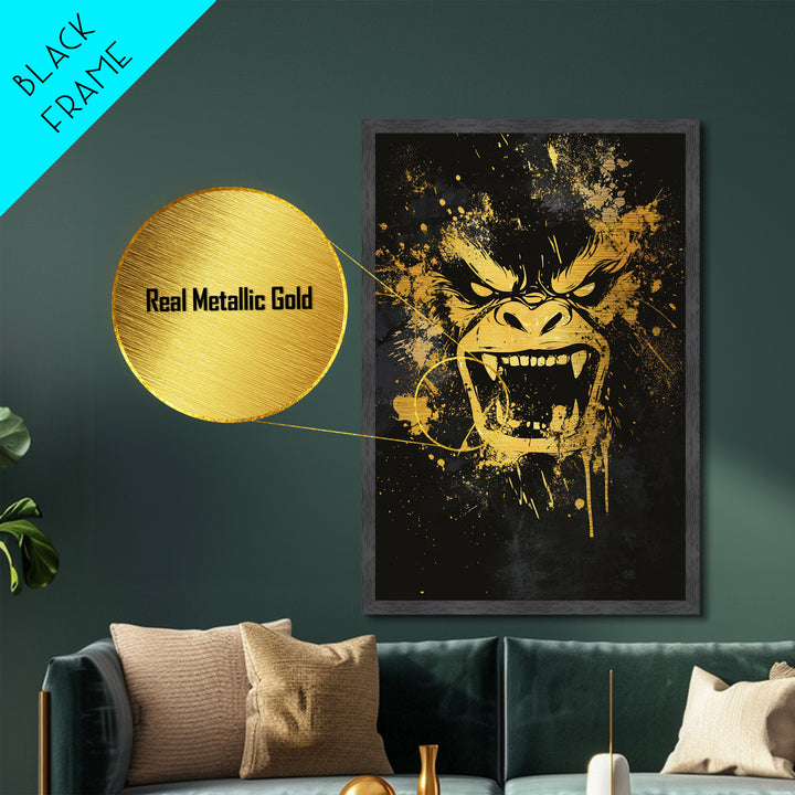 Angry Gorilla Metallic Gold Metal Print, Tribal Splatter Art, Primal Jungle Wall Decor, Bold Animal Artwork, Real Wood Framed