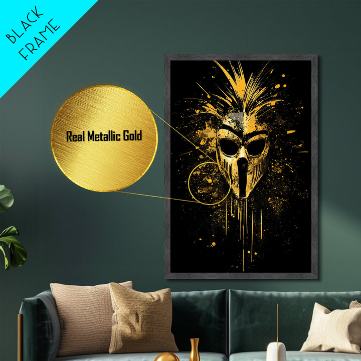 Tribal Warrior Mask Metallic Gold Metal Print, African Inspired Splatter Art, Bold Tribal Wall Decor, Fierce Artwork, Real Wood Framed