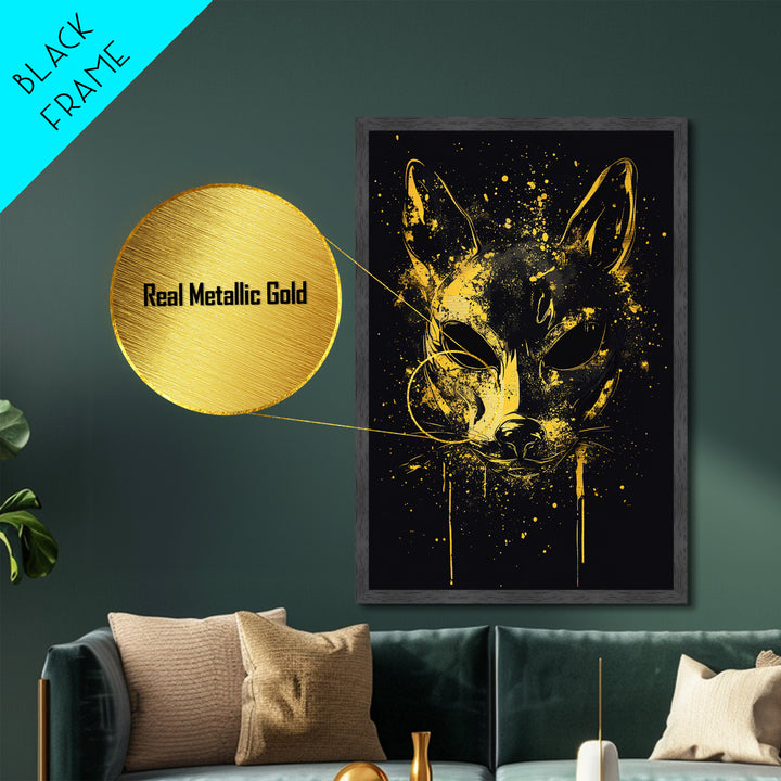 Cat Mask Metallic Gold Metal Print, Mystical Splatter Art, Animal Spirit Wall Decor, Unique Feline Artwork, Real Wood Framed