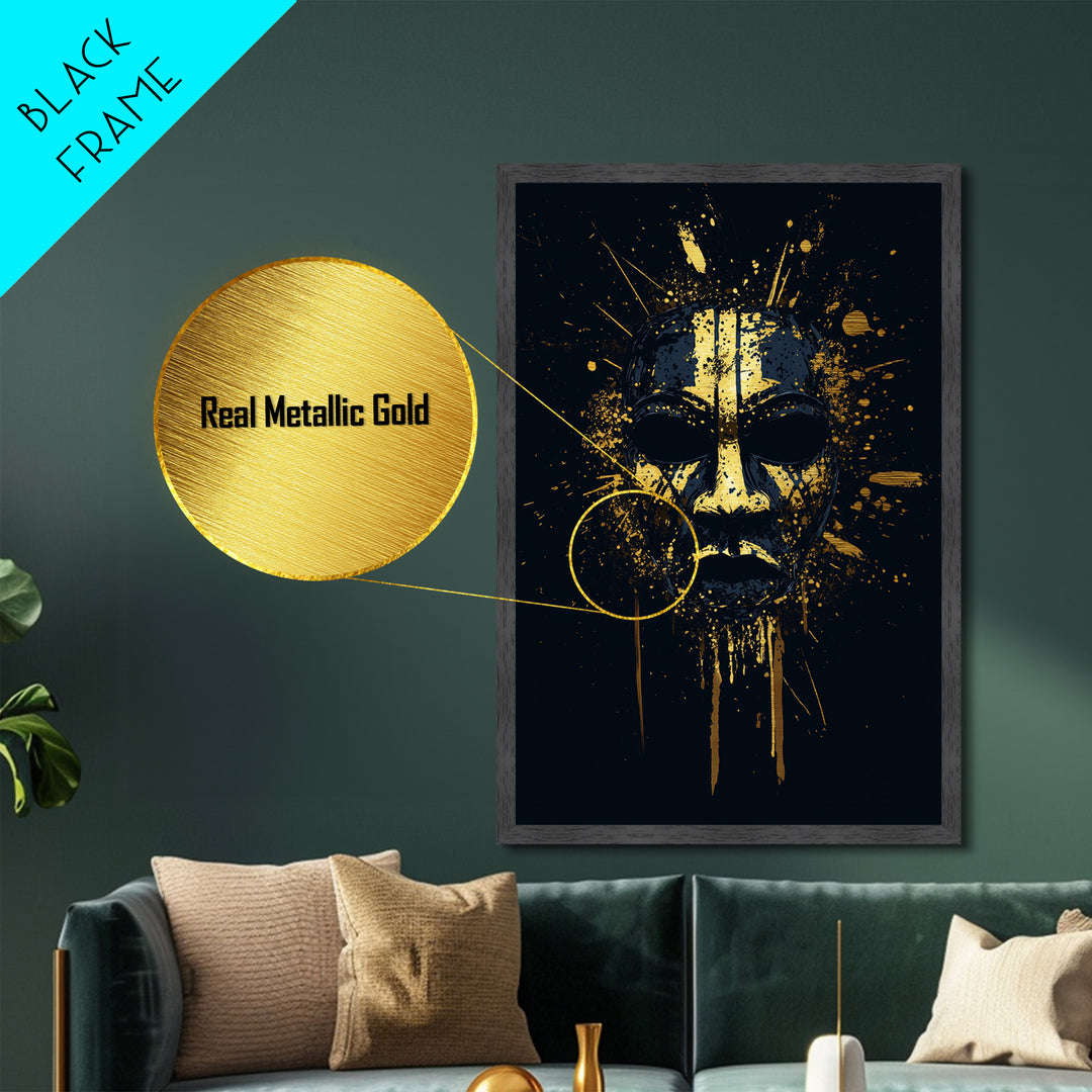 Tribal Splatter Mask Metallic Gold Metal Print, Bold Cultural Art, Unique Splatter Wall Decor, Ethnic Mask Artwork, Real Wood Framed