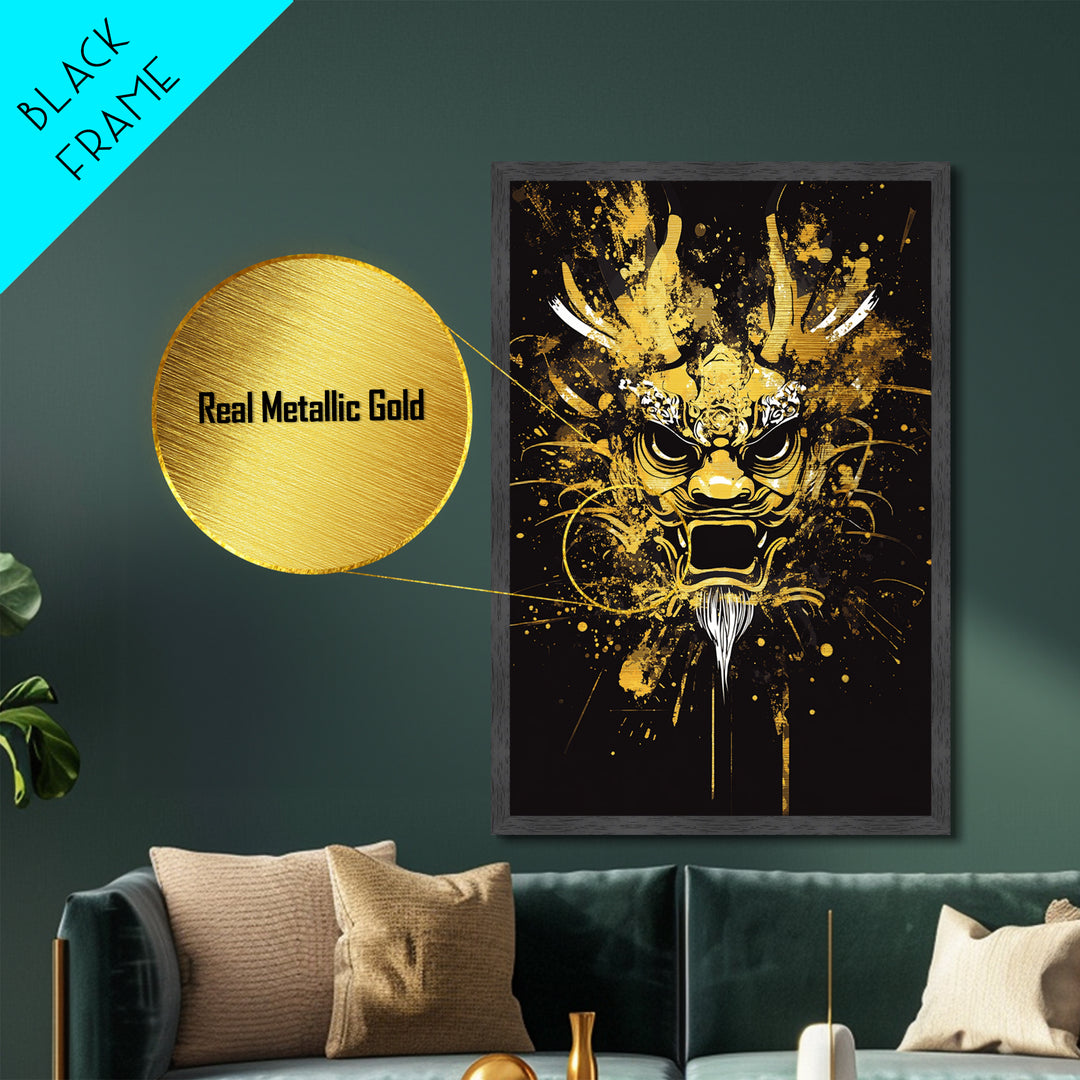 Dragon Mask Metallic Gold Metal Print, Mythical Splatter Art, Asian Inspired Wall Decor, Fierce Dragon Artwork, Real Wood Framed