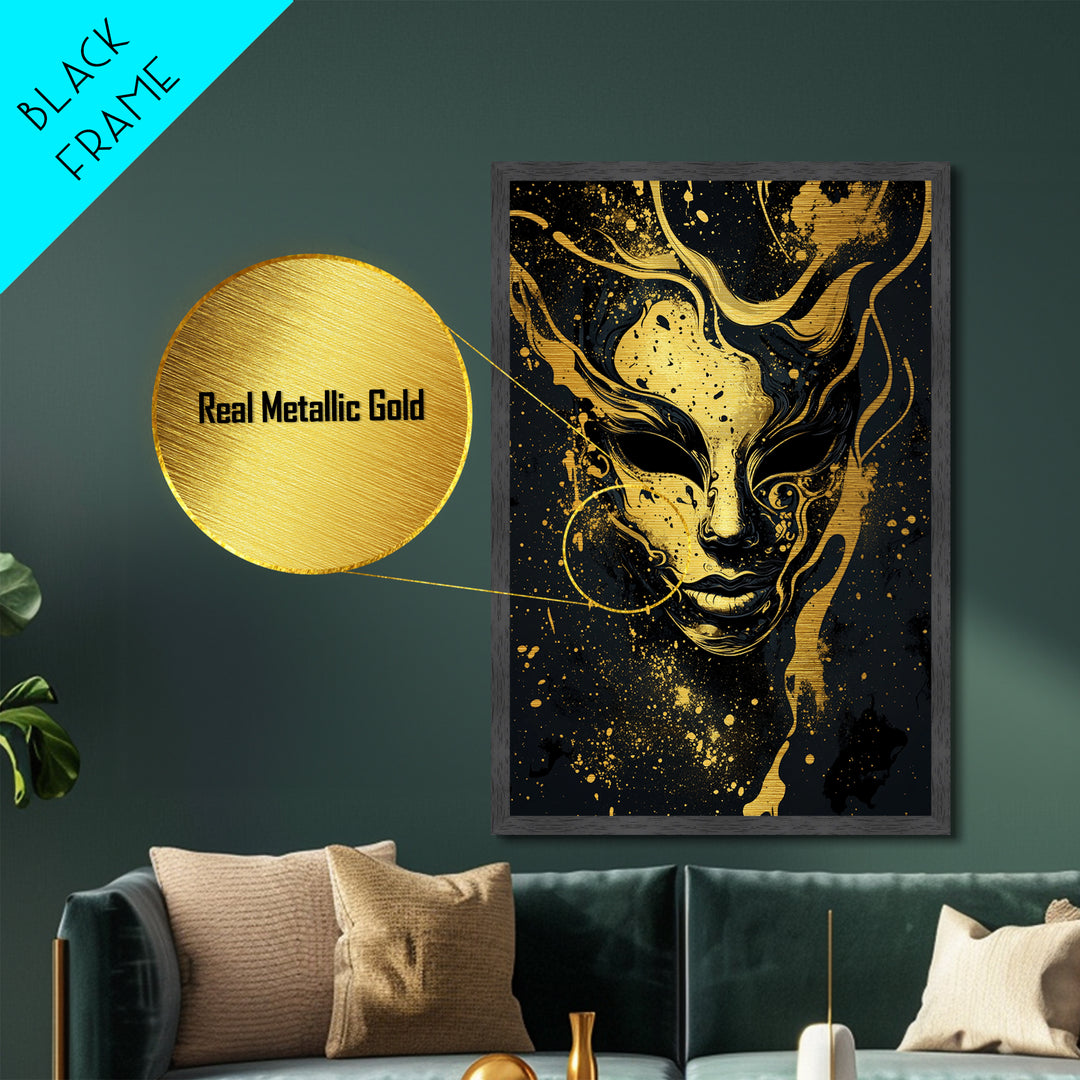 Abstract Face Mask Metallic Gold Metal Print, Surreal Splatter Art, Bold Modern Wall Decor, Unique Artistic Artwork, Real Wood Framed