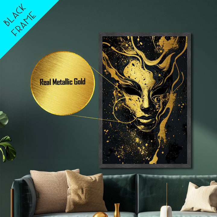 Abstract Face Mask Metallic Gold Metal Print, Surreal Splatter Art, Bold Modern Wall Decor, Unique Artistic Artwork, Real Wood Framed