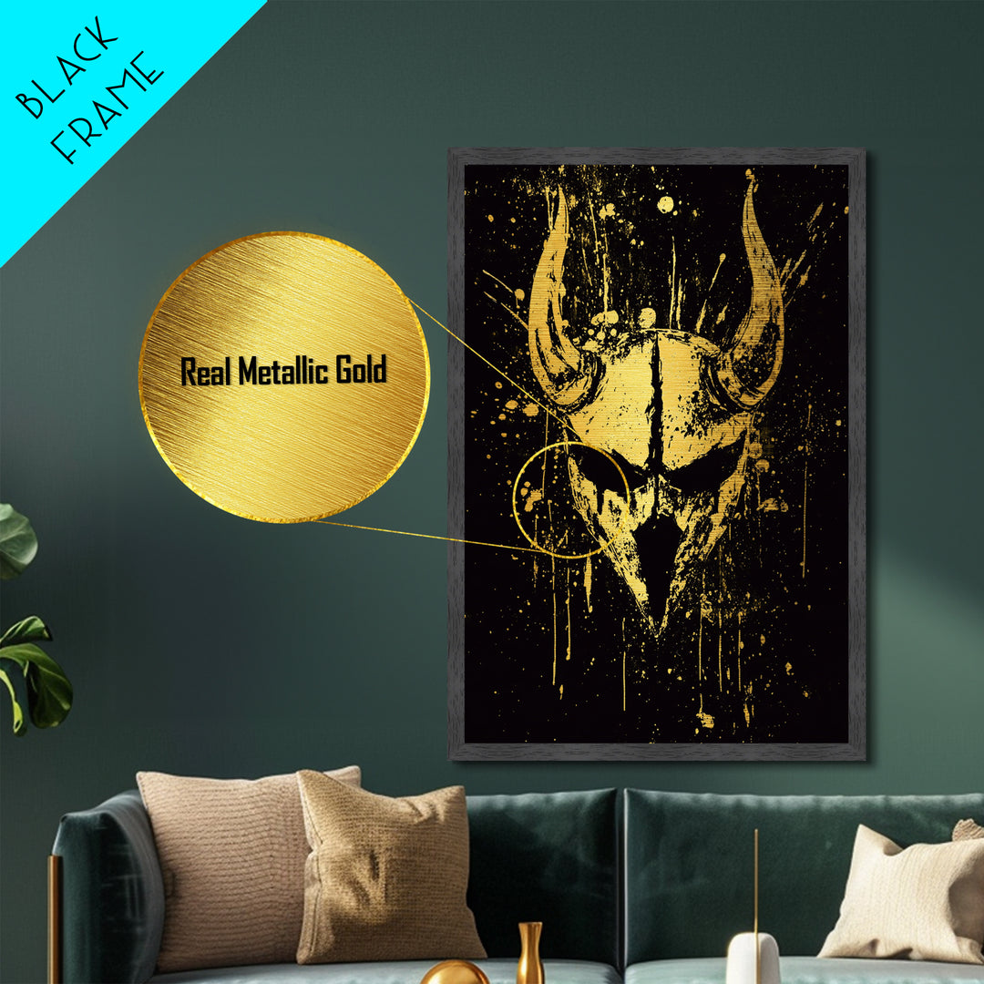 Viking Horned Helmet Metallic Gold Metal Print, Bold Warrior Decor, Mythology Wall Art, Real Wood Framed Metal Artwork