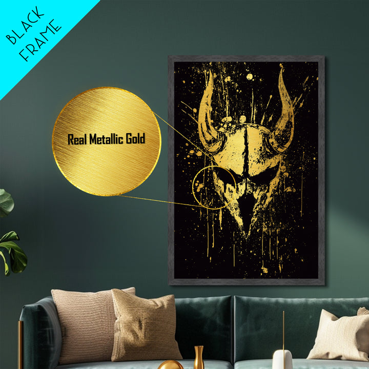 Viking Horned Helmet Metallic Gold Metal Print, Bold Warrior Decor, Mythology Wall Art, Real Wood Framed Metal Artwork