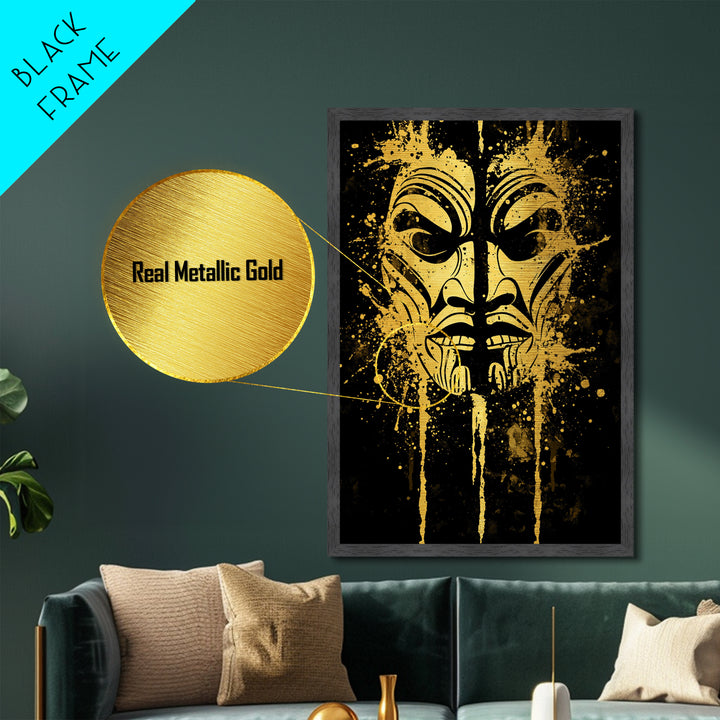 Tribal Warrior Mask Metallic Gold Metal Print, Maori Inspired Art, Ethnic Wall Decor, Real Wood Framed Metallic Gold Artwork