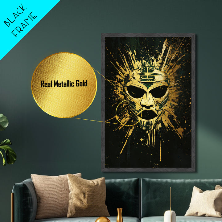 Ancient Warrior Mask Metallic Gold Metal Print, Mythology Wall Decor, Spiritual Protection Art, Real Wood Framed Artwork
