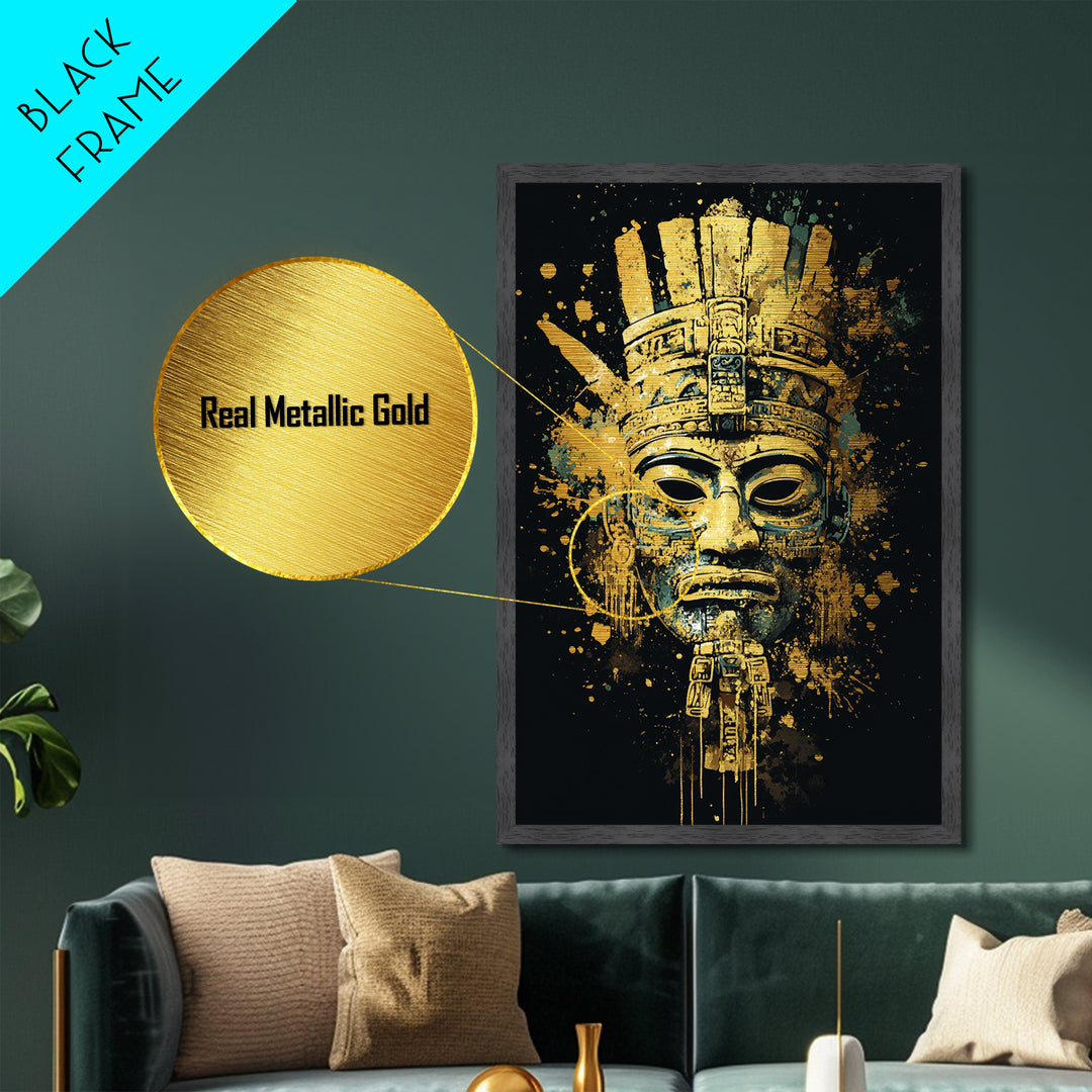 Mayan Inspired Mask Metallic Gold Metal Print, Ancient Civilization Art, Tribal Wall Decor, Real Wood Framed Gold Artwork