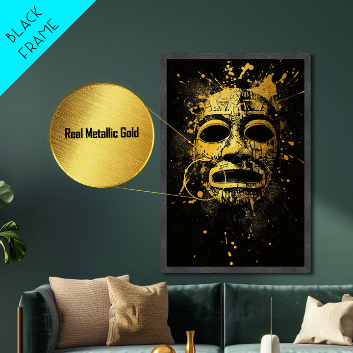 Aztec Mask Metallic Gold Metal Print, Ancient Mythology Art, Tribal Wall Decor, Real Wood Framed Cultural Gold Artwork
