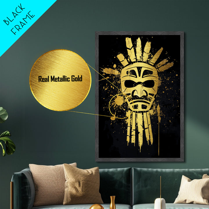 Tribal Sun Mask Metallic Gold Metal Print, Ancestral Wall Art, Sacred Symbol Decor, Real Wood Framed Mystical Gold Artwork