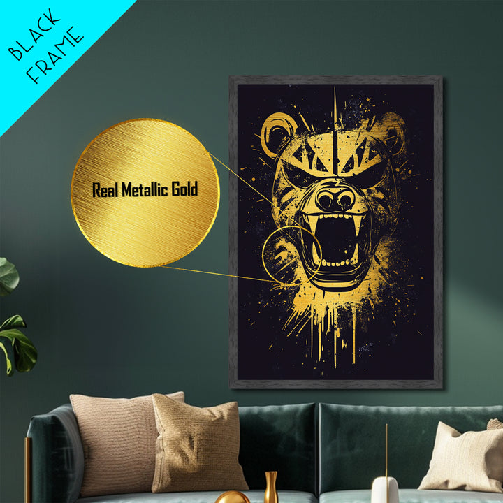 Fierce Bear Metallic Gold Metal Print, Tribal Bear Art, Modern Metal Wall Decor, Real Wood Frame, Bold Animal Artwork