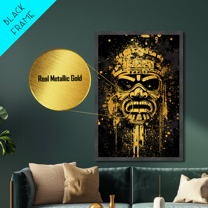 Ancient Tribal Mask Metallic Gold Metal Print, Cultural Art, Bold Splatter Wall Decor, Real Wood Frame, Dramatic Mask Artwork